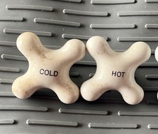 White Glazed Cross Faucet Handles HOT COLD Pair Salvage Plumbing Parts