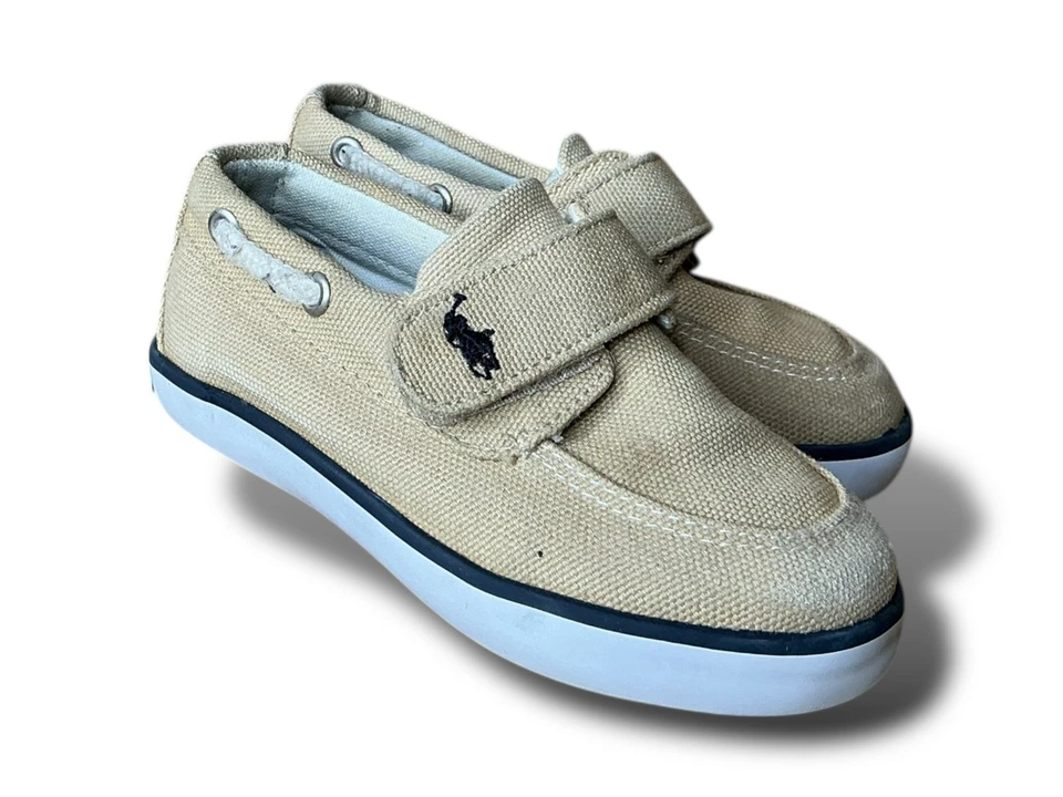 Ralph Lauren Polo лодки туфли ребенка ясельного возраста 5 бежевый холст без шнуровки унисекс морской - Изображение 3 из 4