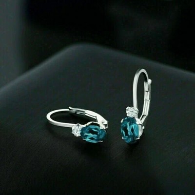 2Ct Oval Cut Lab Created Blue Topaz Drop & Dangle Earrings 14k White Gold Finish