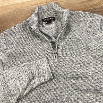 Michael Kors Quarter Zip Sweater Mens Large Classic Cotton Wool Marl Grey Luxury