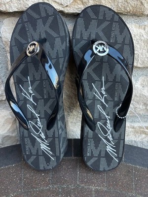Michael Kors New Bedford Glam Platform PVC Logo Flip Flop-Black/Gray-Choose Size