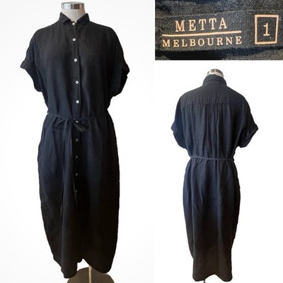 METTA Melbourne $450 Black Linen,Belt,Pockets, Button Through Shirt Dress 1/S-M