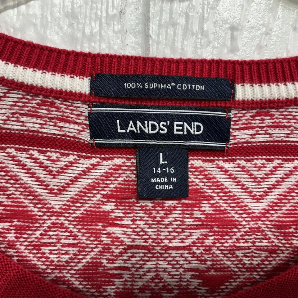 Suéter Lands' End Niñas Grande 14-16 Rojo Blanco Fair Isle Supima Algodón Cárdigan Foto 2 de 4