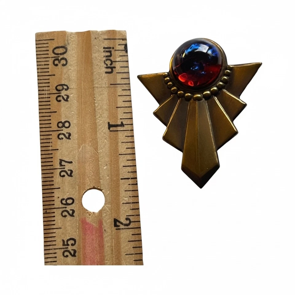 Vintage Art Deco Style Bronze Brooch Red Blue Glass Cabochon Pin Costume Jewelry - Image 3 of 3