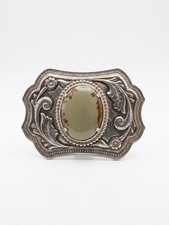 Vtg 1970s Large Western Style Cowboy Jasper Gemstone Belt Buckle Silver Tone EUC