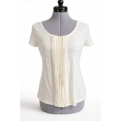 Talbots Ivory Slub Cotton Pleated Bib Short Sleeve Top Womens Medium Chic Boho