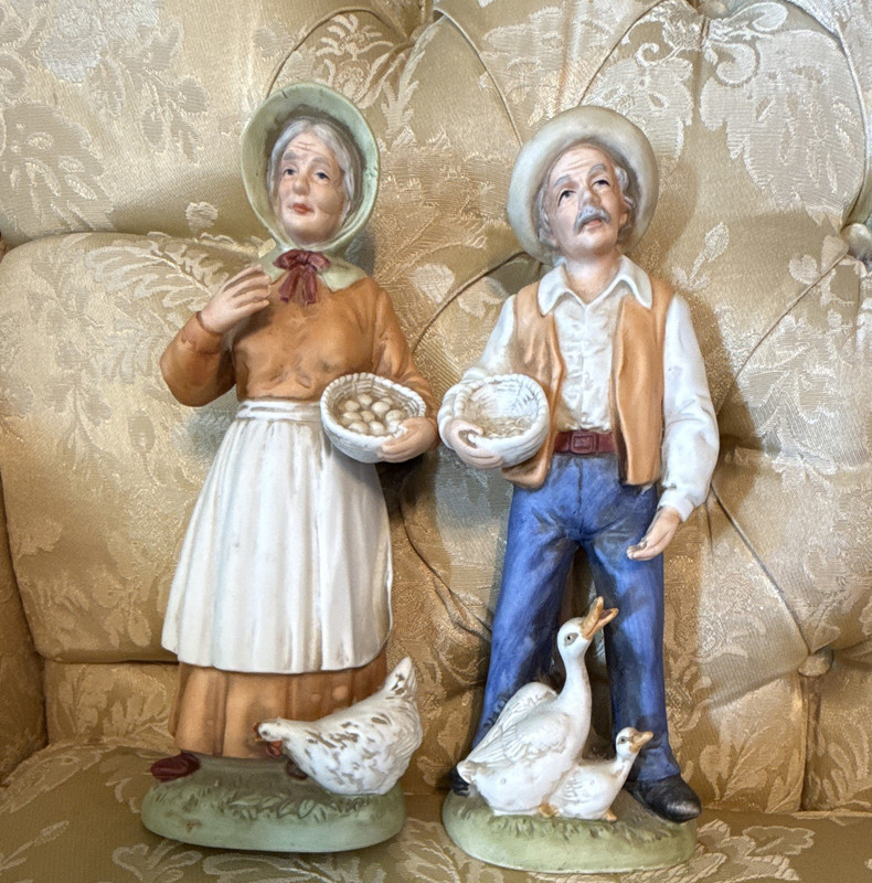 Hand Painted Ceramic Multicolor Farm Boy & Girl Figurines, Set of 2
