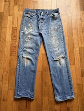 Vintage Levis 501 USA Distressed Straight Fit Button Fly Blue Jeans Size 32x29