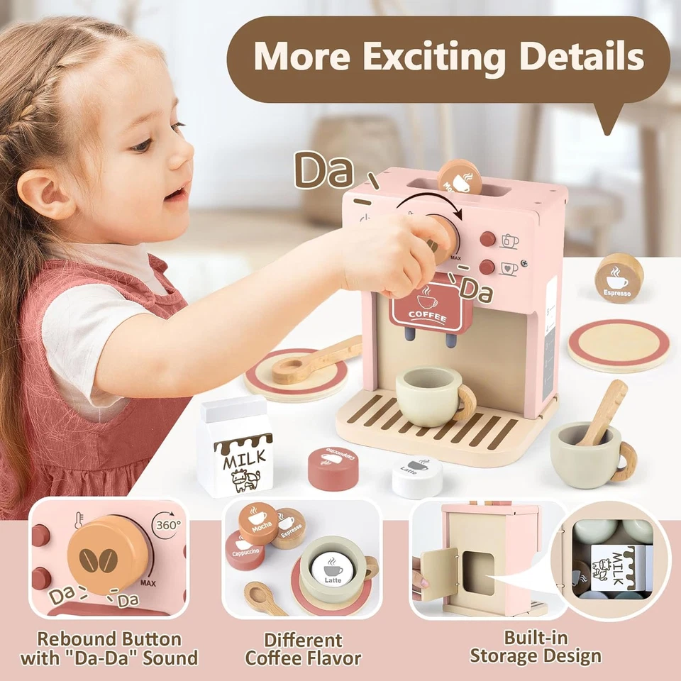 Macchina Caffè Giocattolo, Accessori Cucina Giocattolo Legno per Bambini Bambina - Immagine 4 di 4