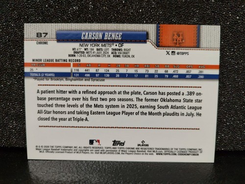 Topps Chrome 2026 Carson Benge Mets Rookie Card #87 Gold Raywave /50 | eBay