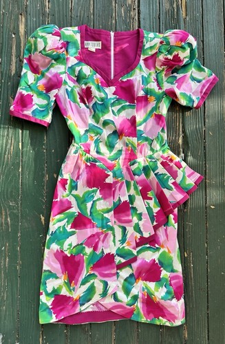 Ann Tobias 80er Kleid Blumenmuster Puffärmel Schulterpolster Stufenrock klassisch - Bild 1 von 17