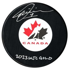 Thomas Milic Autographed Team Canada 2023 WJC Gold Inscribed Puck NO TARIFFS