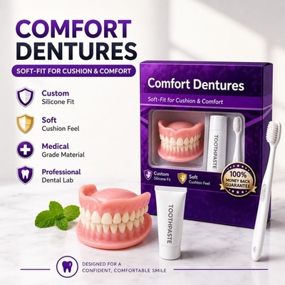 Moldable Silicone Dentures Upper Lower False Teeth Set Instant Smile Toothbrush
