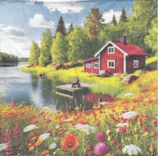 3 Lunch Papier Servietten Napkins (T7-14) Mann angelt am See - Schweden
