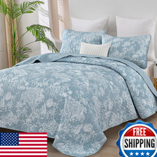 WONGS BEDDING Botanical Quilt Set Queen Aqua 3 pc Toile Floral Microfiber