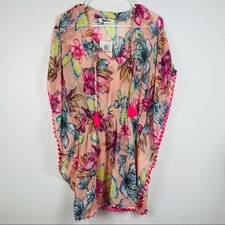 Miken Swim V-Neck Smocked Poncho Cover Up Tassels Tropical Floral size S