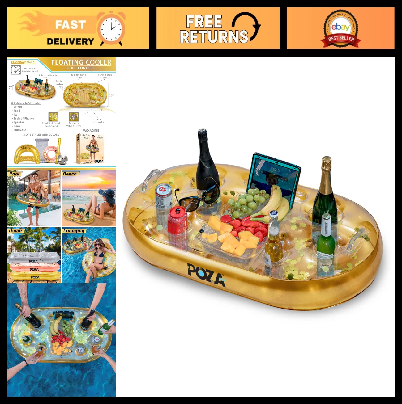 Inflatable Gold Floating Cooler - Sparkly Confetti Drink Holder, 8 Cup Party Flo