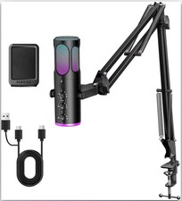 Gaming Microphone USB Condenser Mic Noise Cancellation, Mute, Reverb, Boom Arm