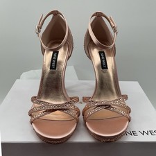 Nine West Rose Gold Satin Rhinestone Platform Ankle Strap Heels Womens 6M