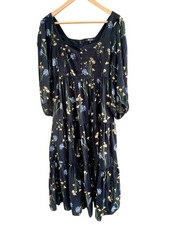 Madewell Xiomara Floral Tiered Midi Dress Black Button Front Puff Sleeve Sz 0