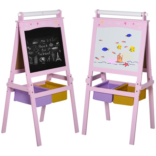 3 In 1 Kids Wooden Art Easel w/ Paper Roll Double-Sided Chalkboard & Whiteboard - Photo 10 sur 11