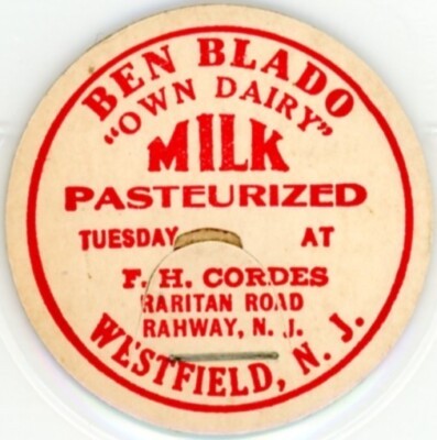 Milk Bottle Cap - Ben Blado -''Own Dairy'' - Westfield, New Jersey, NJ - TUESDAY