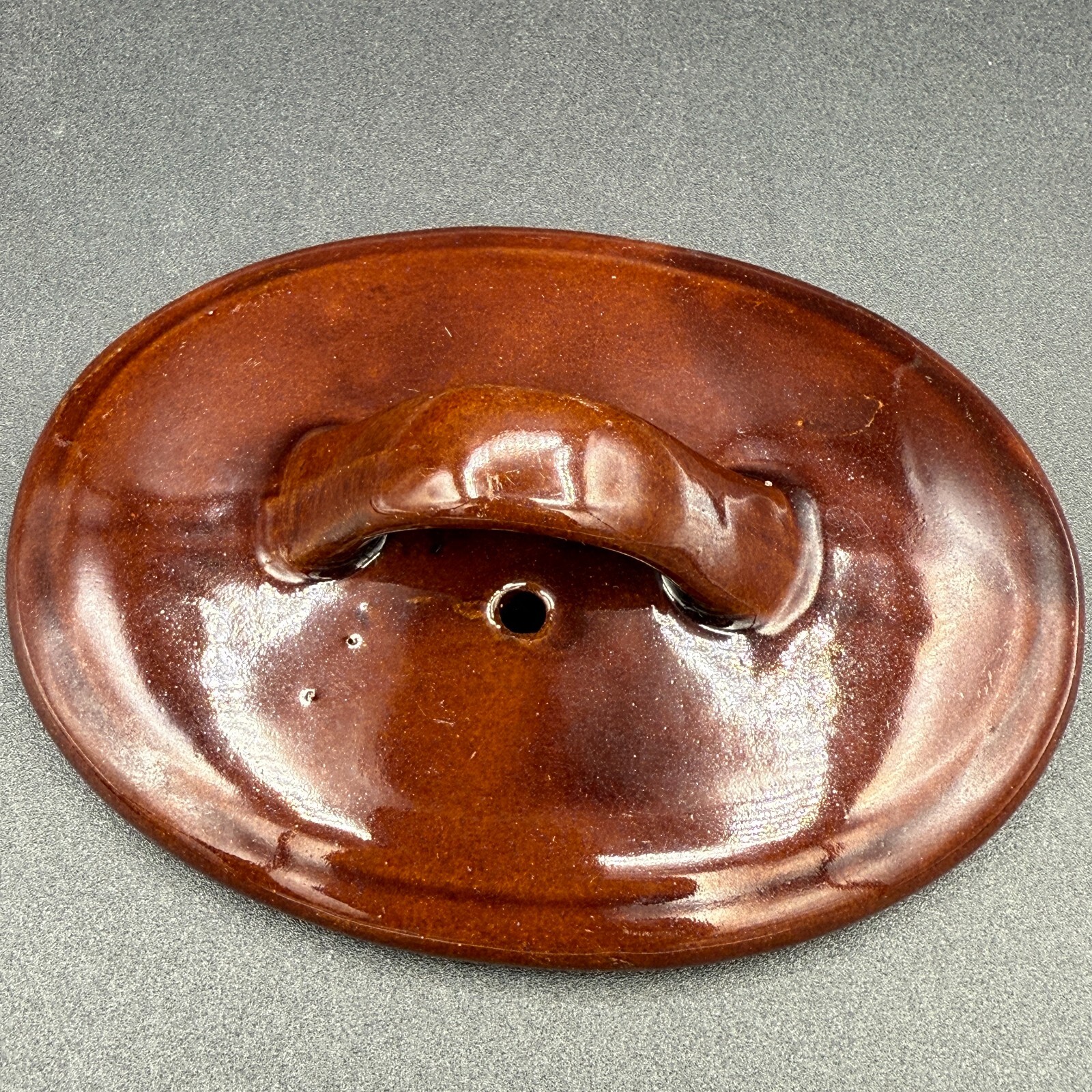 Vintage 3 Tone Pottery Oval Individual Casserole Small Baking Dish w/ Vented Lid