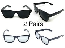 2 MEN Sunglasses Square Super Dark Black & Silver Mirror lens bundle