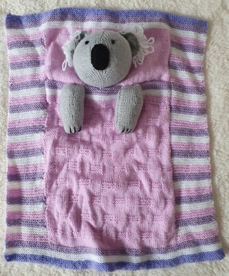 Hand Knitted Baby Blanket Car Seat Blanket 3d Koala Bear Pink Purple 16x19 inch