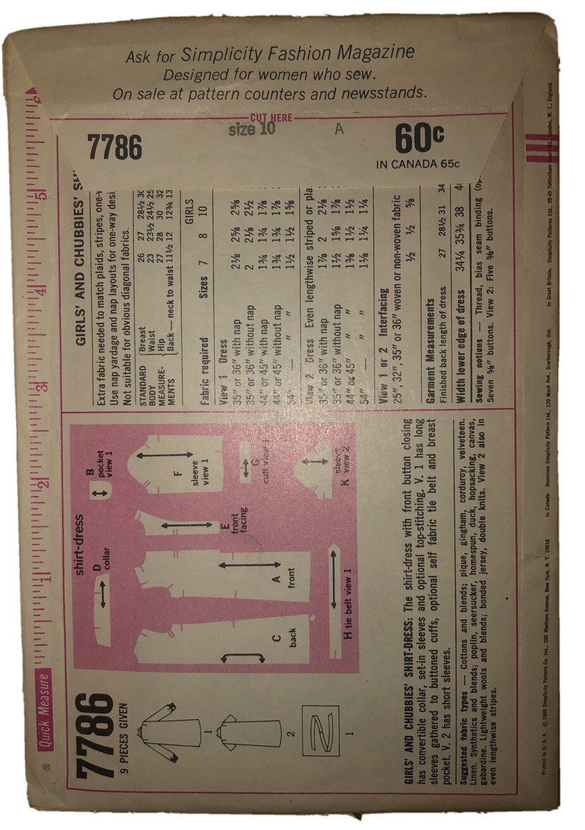 1968 Simplicity 7786 Bust:28.5 Size:10 Girls' & Chubbies' Shirt