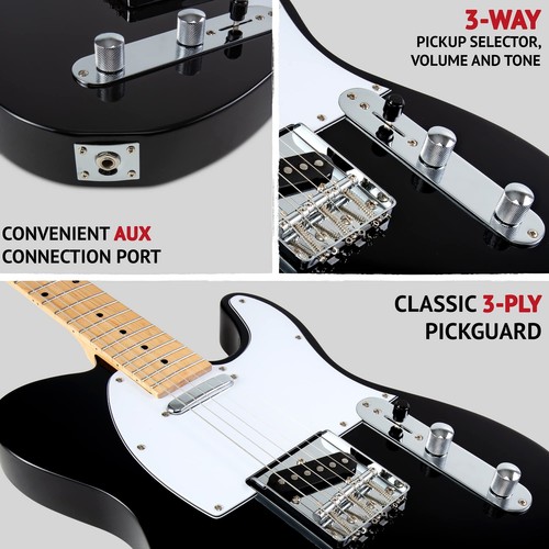 LyxPro Beginner 30" Telecaster Style Electric Guitar, Paulownia Body, Black - Picture 4 of 8