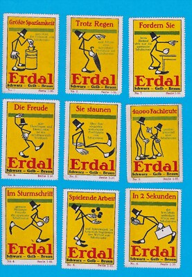 9 verschiedene Reklamemarken, Erdal, Schuhcreme mit Werbesprüchen