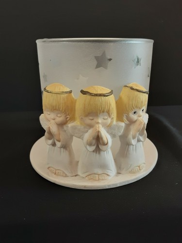 Vintage Punze Engel Stumpenkerzenhalter Milchglas mit Sternen Weihnachten - Bild 5 von 8