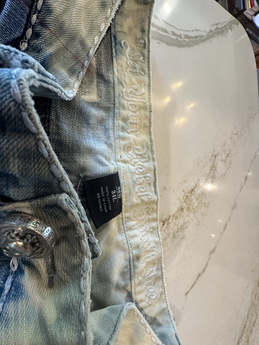 Rebel Spirit Embroidered Denim Jeans Light Wash Men's Sz 36x34