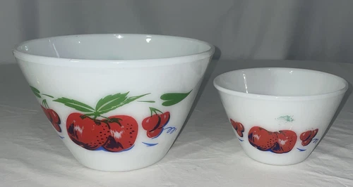 FIRE KING Set of 2 Apples and Cherries Mixing Bowl White Milk Glass 11 23