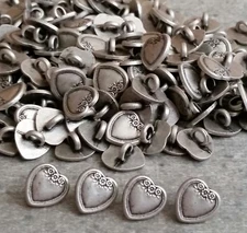 4 Dozen (48) HEART Buttons, Silver Pewter Metal Shank Craft Sewing, Roses,NEW