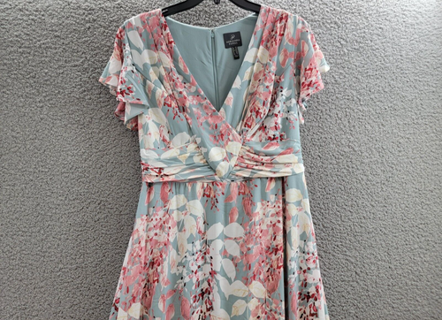 Adrianna Papell Plus Surplice Midi Dress Women's 14W Aqua Multi Back Zip Closure - Picture 3 of 18