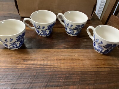 Eit England Blue Willow Side Small Curved Coffee Tea Cups Set Of 4 New In Box
