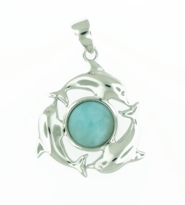 925 Sterling Silver Natural Larimar Pendant - Hawaiian Dolphin Family