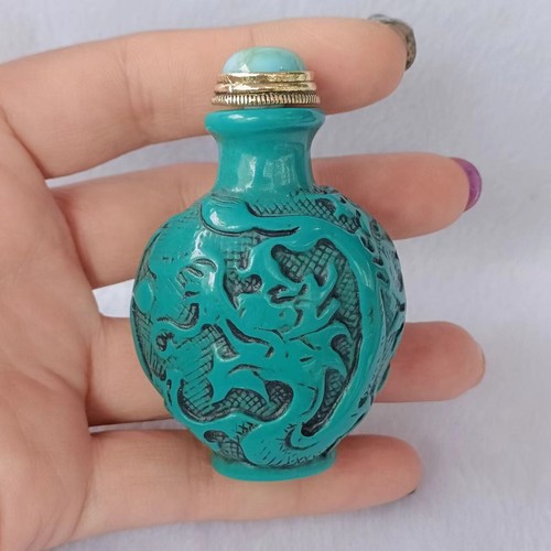 Collection Old Chinese Hand-carved Turquoise Flower and Bird Statue Snuff Bottle - Picture 3 of 3