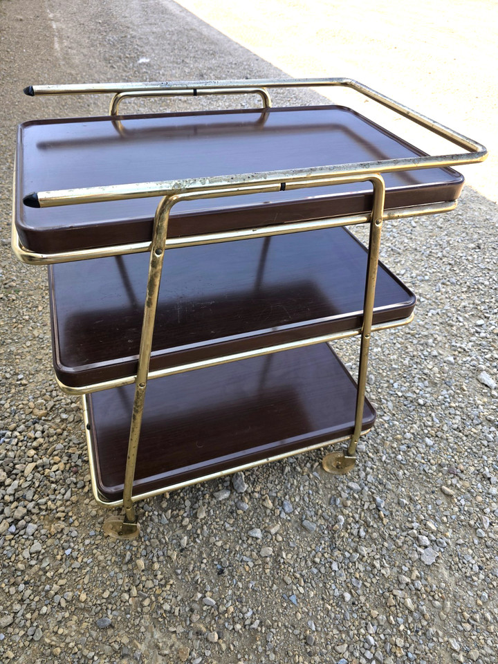 Vintage MID CENTURY COSCO 3 TIER BAR SERVING CART WOOD GRAIN AND GOLD Decor