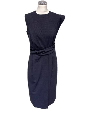 DESIGNER UNBRANDED NAVY BLUE CHECK ROUND NECK SLEEVELESS WRAP DRESS SIZE 10