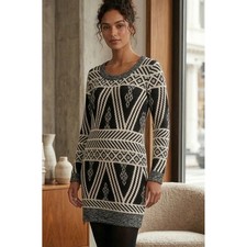 Pink Rose Sweater Dress Women's L Black White Geometric Tribal Knit Long Sleeve