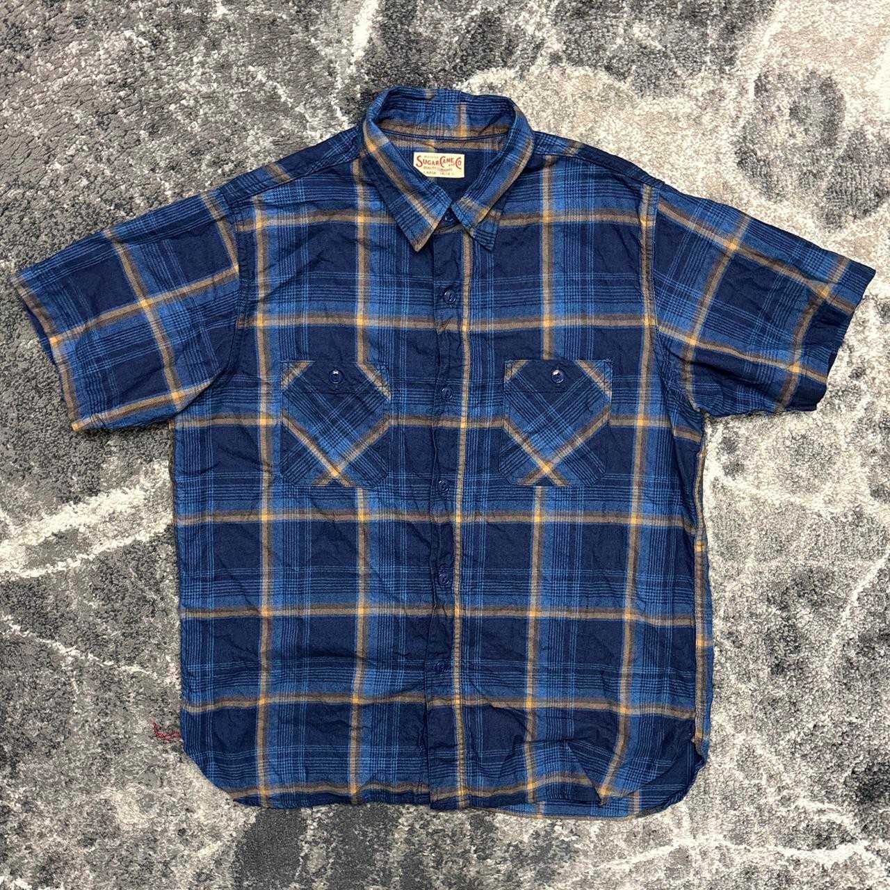 Sugar Cane Shirt Mens Large Indigo Blue Plaid Flannel Short Sleeve Japan Made