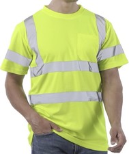 Hi Vis Safety T Shirt ANSI Class 3 Short Sleeve Reflective Tape Pocket Yellow L