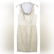 Adrianna Papell Dress Womens 8 White W/Gold embroidery Cocktail elegant classic