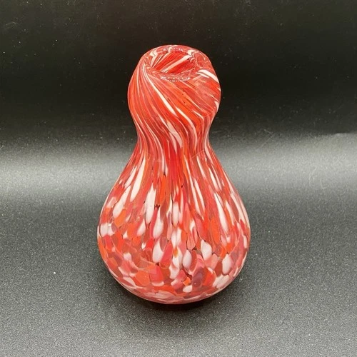 Murano Glass Art Bud Vase Red Orange White Confetti Pattern  Gourd Shaped 4.5"