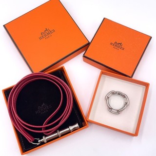 Auth Hermes Chaine d'Ancre ScarfRing/Siffre Leather Red Necklace SV W/B BA120695