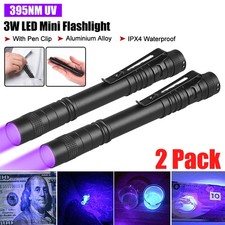 2x Portable 395nm UV LED Flashlight Penlight Black Light Clip Work Light Torch