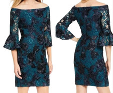 NWT Adrianna Papell OFF THE SHOULDER SHEATH COCKTAIL DRESS Navy/Teal Soutache 8